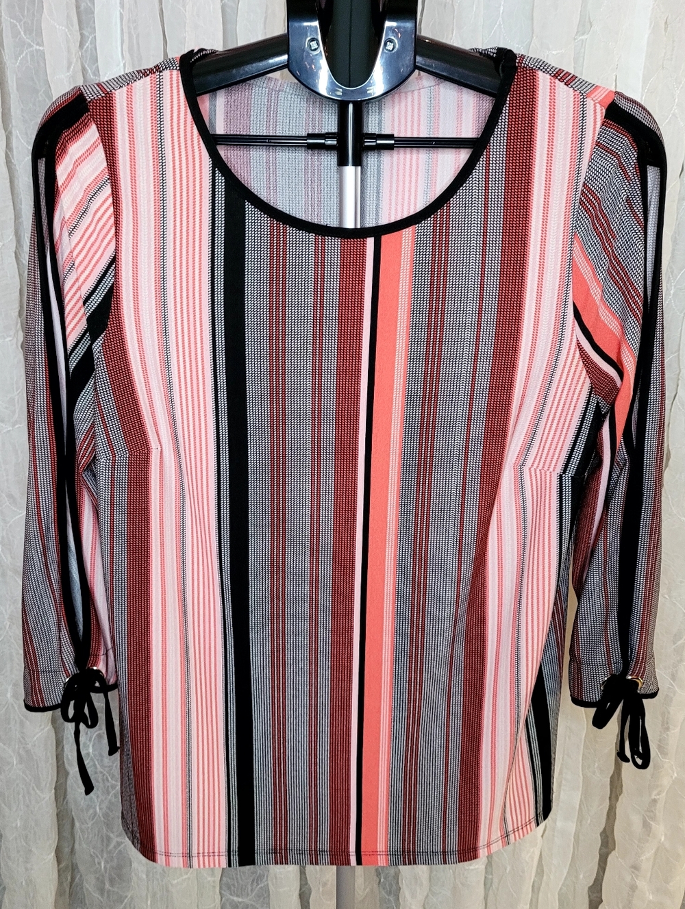 Roz & Ali Striped Cut Out Sleeve Edgy Tie Cuff Blouse L Black Pink Spring